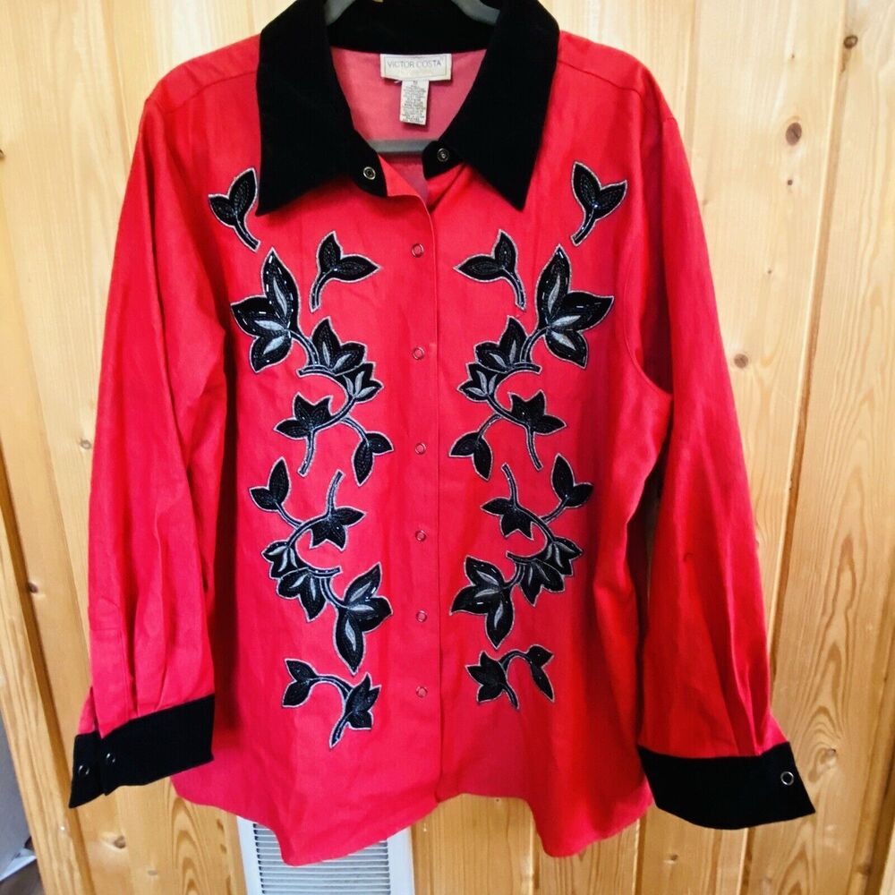 Victor Costa Top Womens Size 1X Beaded Cowboy Western Snap Front Floral Vintage